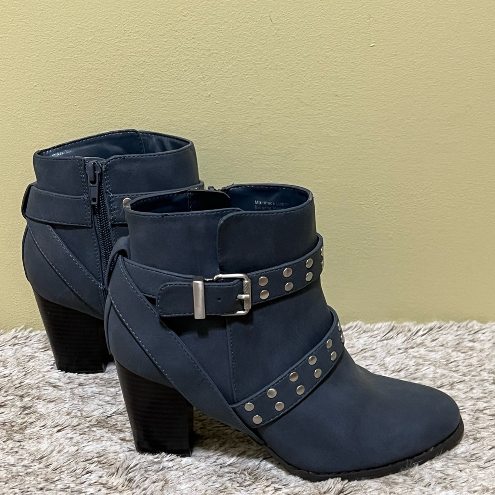 Studded Ankle Boots with Buckles Blue